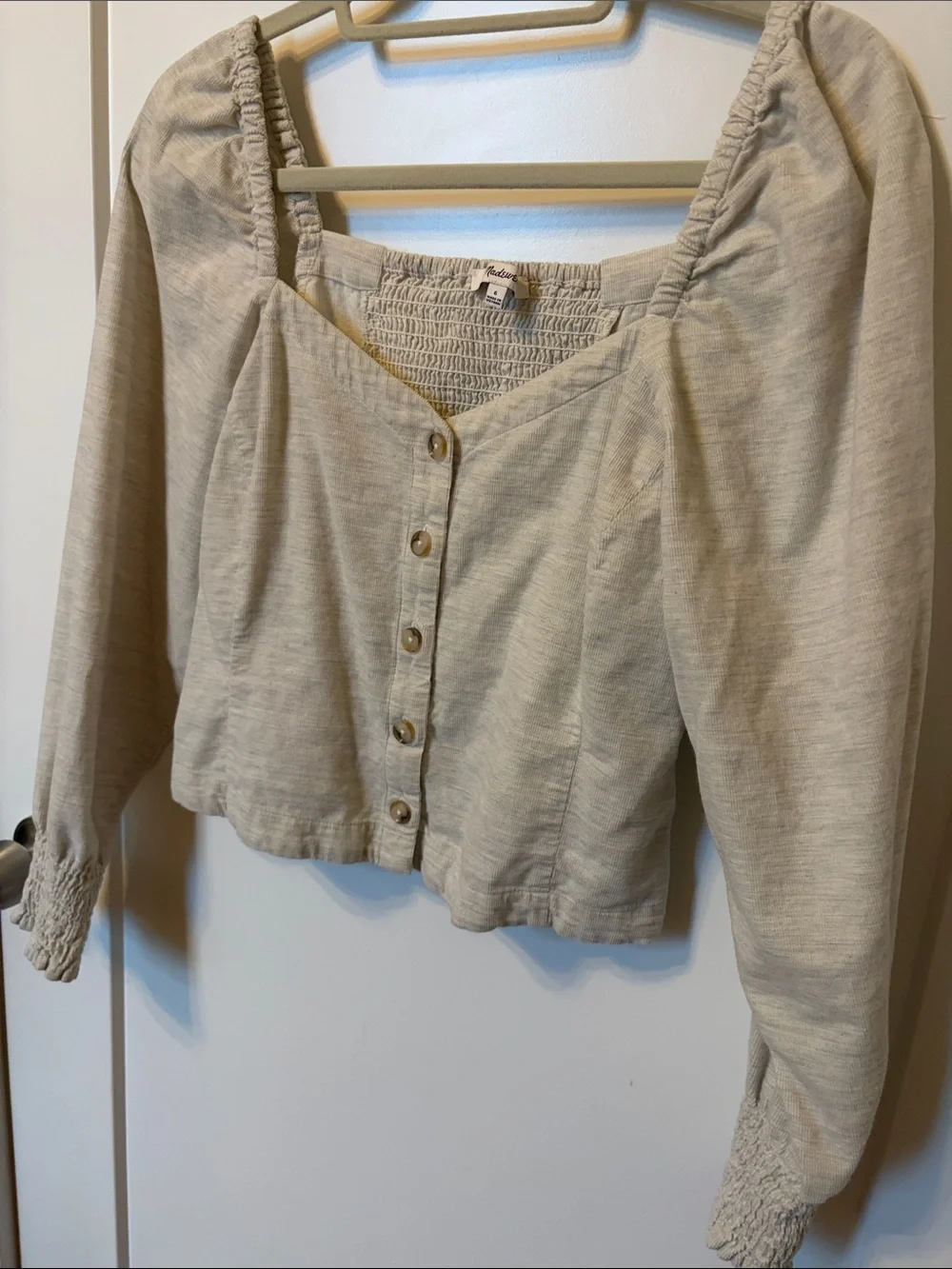 Women’s Cream Button-Front Corduroy Puff Sleeve Top